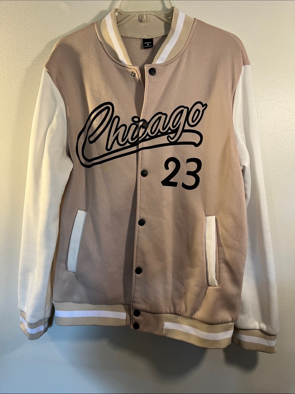 Beige and White Chicago Varsity Bomber Jacket